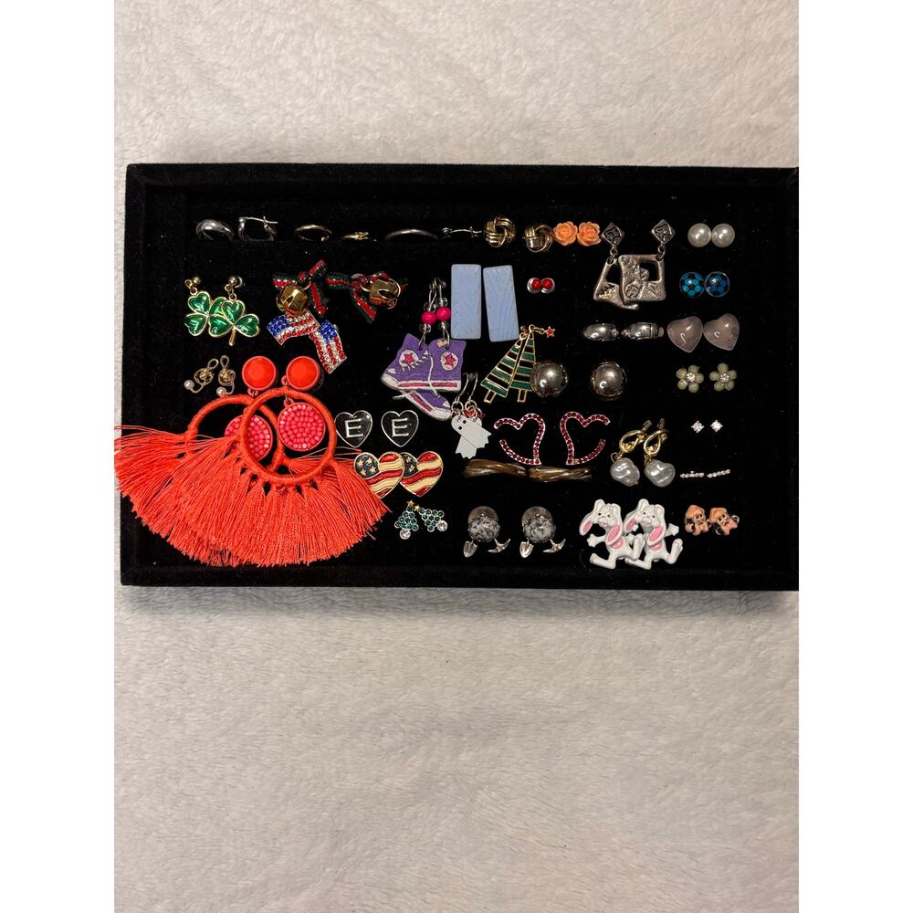 38 Pairs of Mixed Newer, Costume, & Vintage Earrings Including Display Case